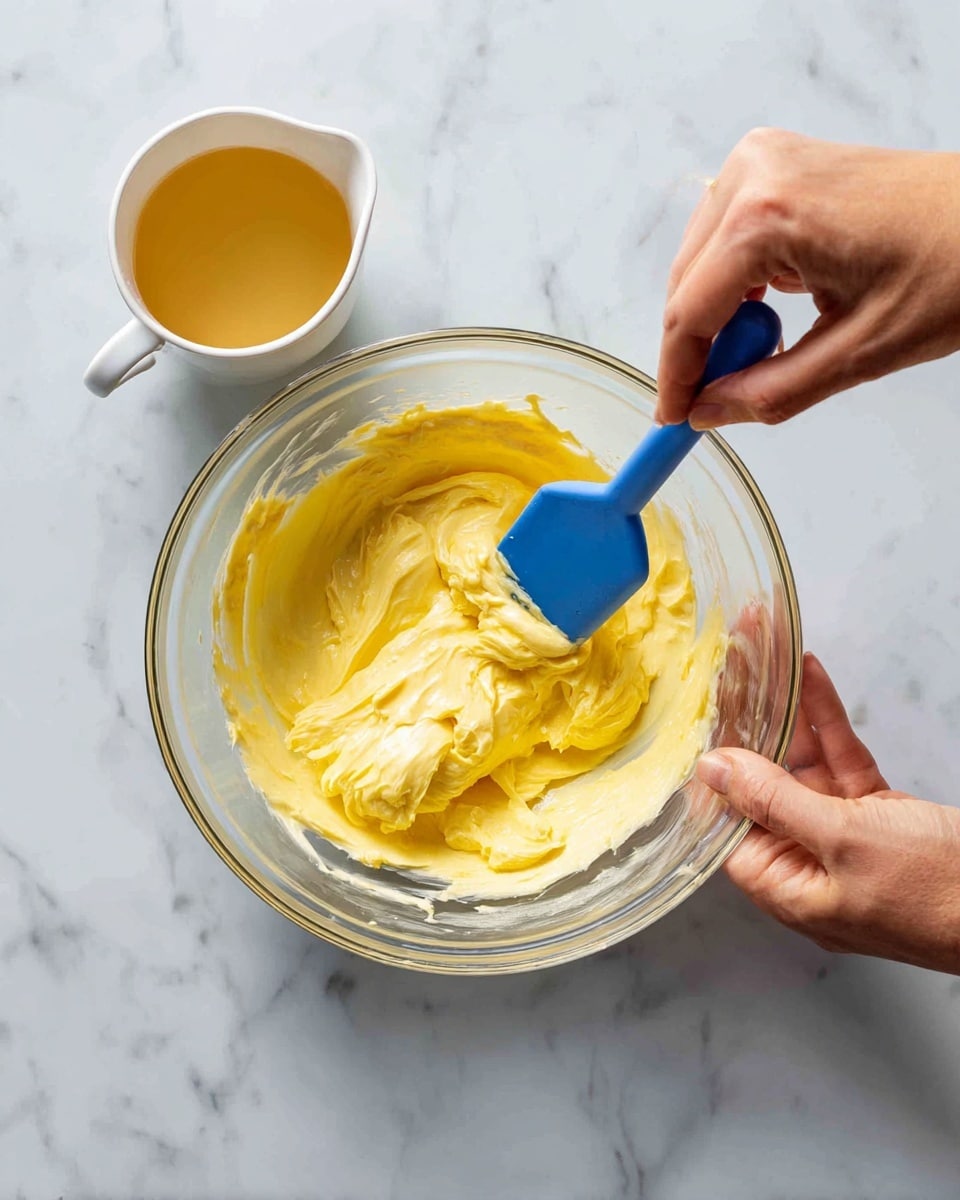 A woman's hand is pouring a liquid from a small white cup into a clear glass bowl filled with thick yellow cream or batter. A blue spatula is partially inside the bowl, touching the yellow mixture, suggesting stirring or mixing. The background surface is a white marble texture, and the composition focuses closely on the bowl and the woman's hands. Photo taken with an iphone --ar 4:5 --v 7