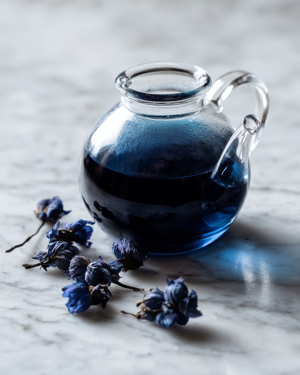 A clear glass teapot filled with deep dark blue liquid is placed on a white marbled surface. Next to the teapot, there are a few small dried dark purple-blue flowers scattered loosely. The teapot has a spout and a handle visible, showing reflections of light on its smooth surface. photo taken with an iphone --ar 4:5 --v 7