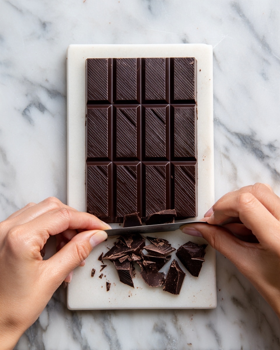 A bar of dark chocolate with six larger rectangular sections, each marked with fine diagonal lines, sits on a small white marbled cutting board. On the lower half, pieces of the chocolate are broken into thin shards. Two woman's hands are visible; one holds the chocolate steady while the other uses a knife to lightly press and break the chocolate into smaller pieces. The background is a white marbled texture surface. photo taken with an iphone --ar 4:5 --v 7