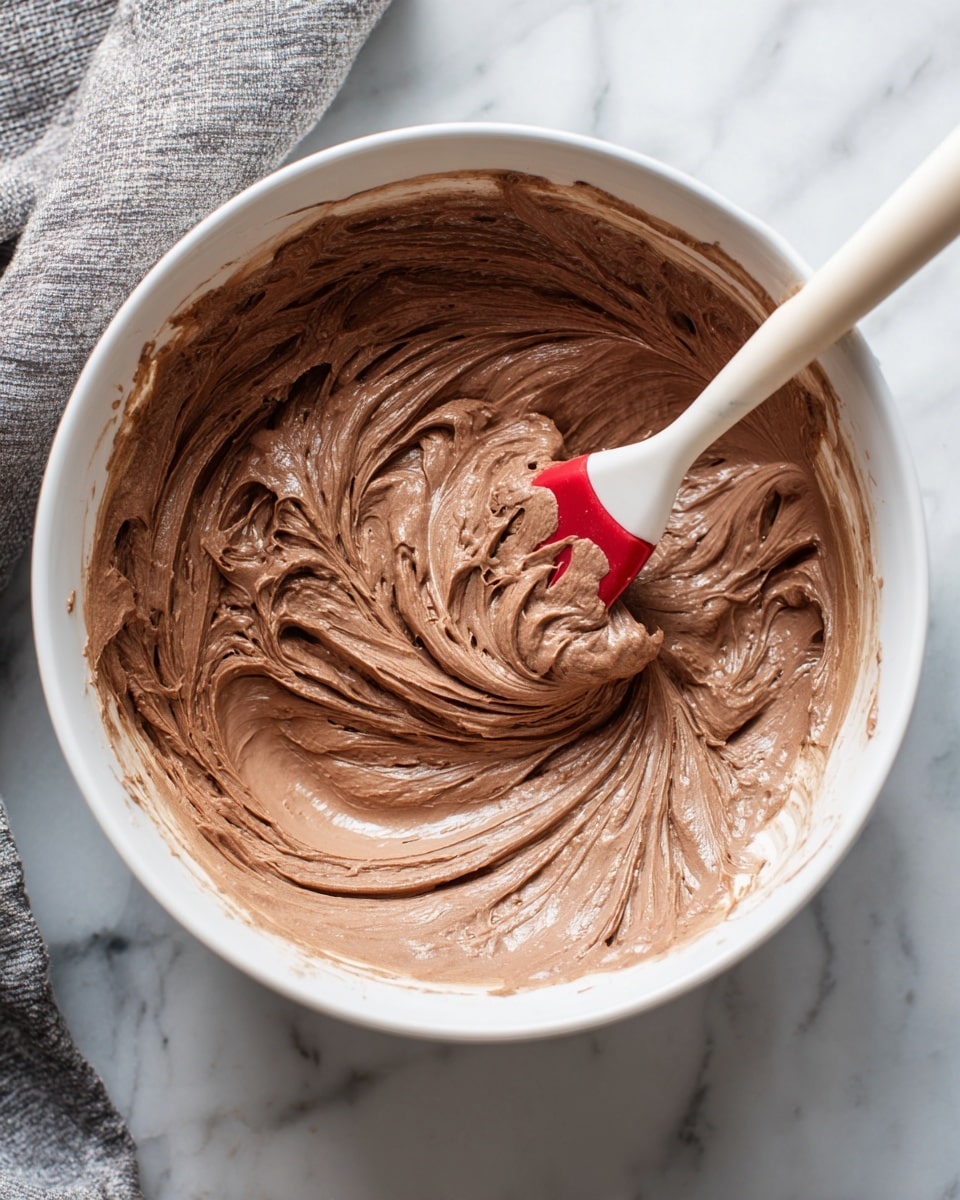 A close-up view of a white bowl filled with a swirled mixture of light and dark brown chocolate batter. The batter appears smooth and creamy, with visible trails and folds created by a red and white spatula partially dipped in the mix. The bowl is placed on a white marbled surface, with part of a gray fabric visible in the top left corner. photo taken with an iphone --ar 4:5 --v 7