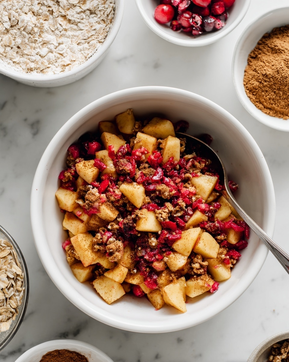 In a white bowl, there is a mixture of chopped apples and whole red cranberries coated with a brown cinnamon-like spice, creating a textured and uneven look with the fruit pieces layered closely together. The apples are cut into medium-sized chunks with a golden-brown tint from the spices, while the cranberries add bright pops of deep red throughout. A silver spoon rests inside the bowl, partially submerged in the fruit mix. Around the bowl, there are other white bowls containing raw oats, flour, and a small bowl with a brown spice, all on a white marbled surface. photo taken with an iphone --ar 4:5 --v 7