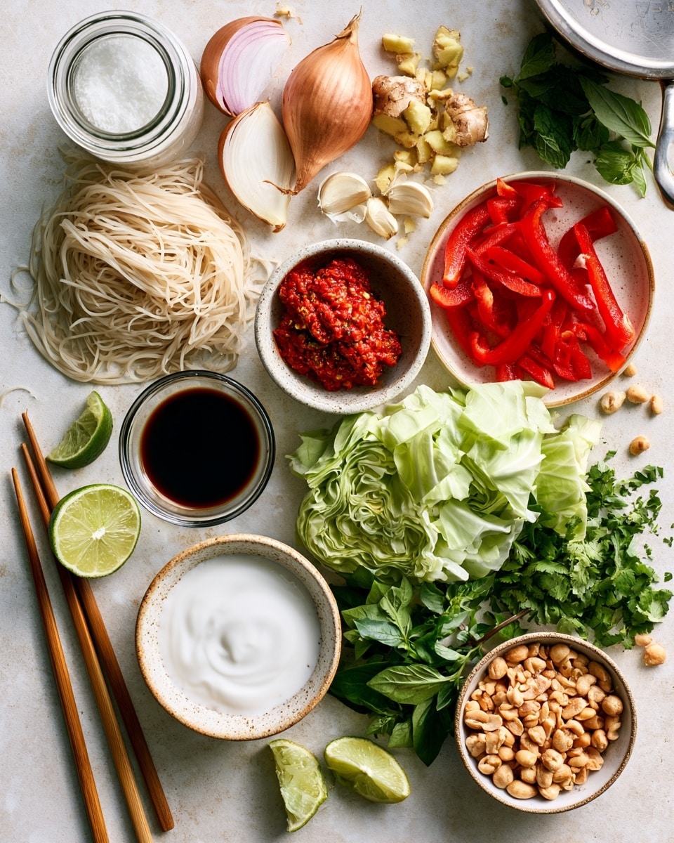 A beige pan filled with cooked red bell pepper strips and thinly sliced cooked onions, mixed and slightly shiny from oil, sits on a white marbled surface with a folded cream cloth underneath the pan's handle. Small bits of minced garlic are scattered among the vegetables, and parts of the pan's sides show light browning from cooking. Nearby, a white bowl with light-colored nuts and another white bowl with fresh green herbs are partially visible. Photo taken with an iphone --ar 4:5 --v 7