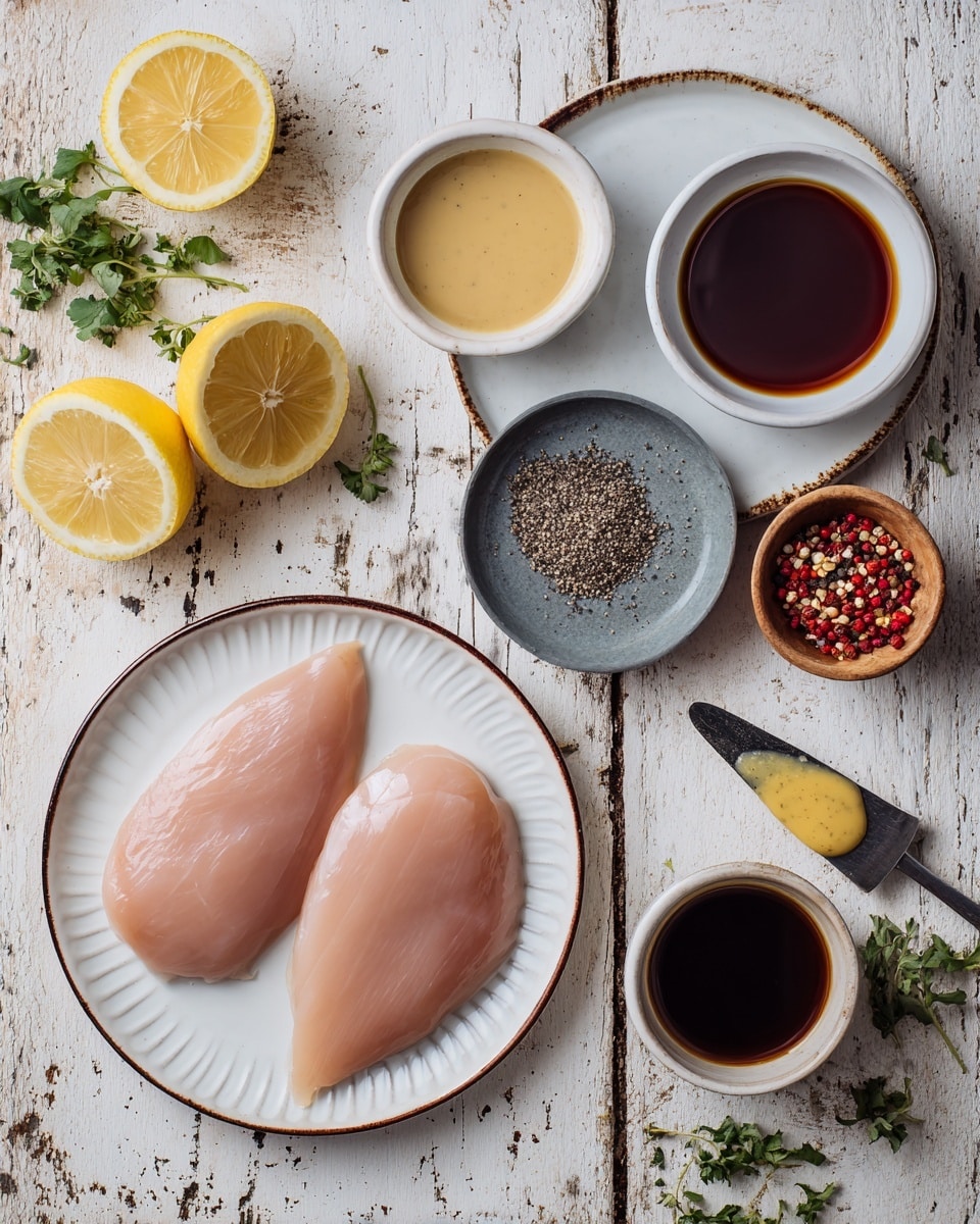 Two raw chicken fillets with a smooth light pink texture are placed on a white plate with a slotted rim at the bottom right. Above them are two white plates with thin brown rings near the edge; the left one holds a light beige liquid, while the right one contains a dark brown liquid. At the center is a small gray plate with coarse black and white ground pepper. Toward the top right is a small round wooden bowl with four spices: red pepper flakes, white salt, black pepper, and red paprika. To the left, there are two lemon halves with a bright yellow outer skin, placed on a white marbled surface with scattered green herb leaves. Near the bottom left corner is a small bowl filled with a dark liquid beside a blade spreader holding a dollop of beige mustard. The entire setup rests on a worn white wooden surface that shows brown distressed paint and scattered herbs, photo taken with an iphone --ar 4:5 --v 7