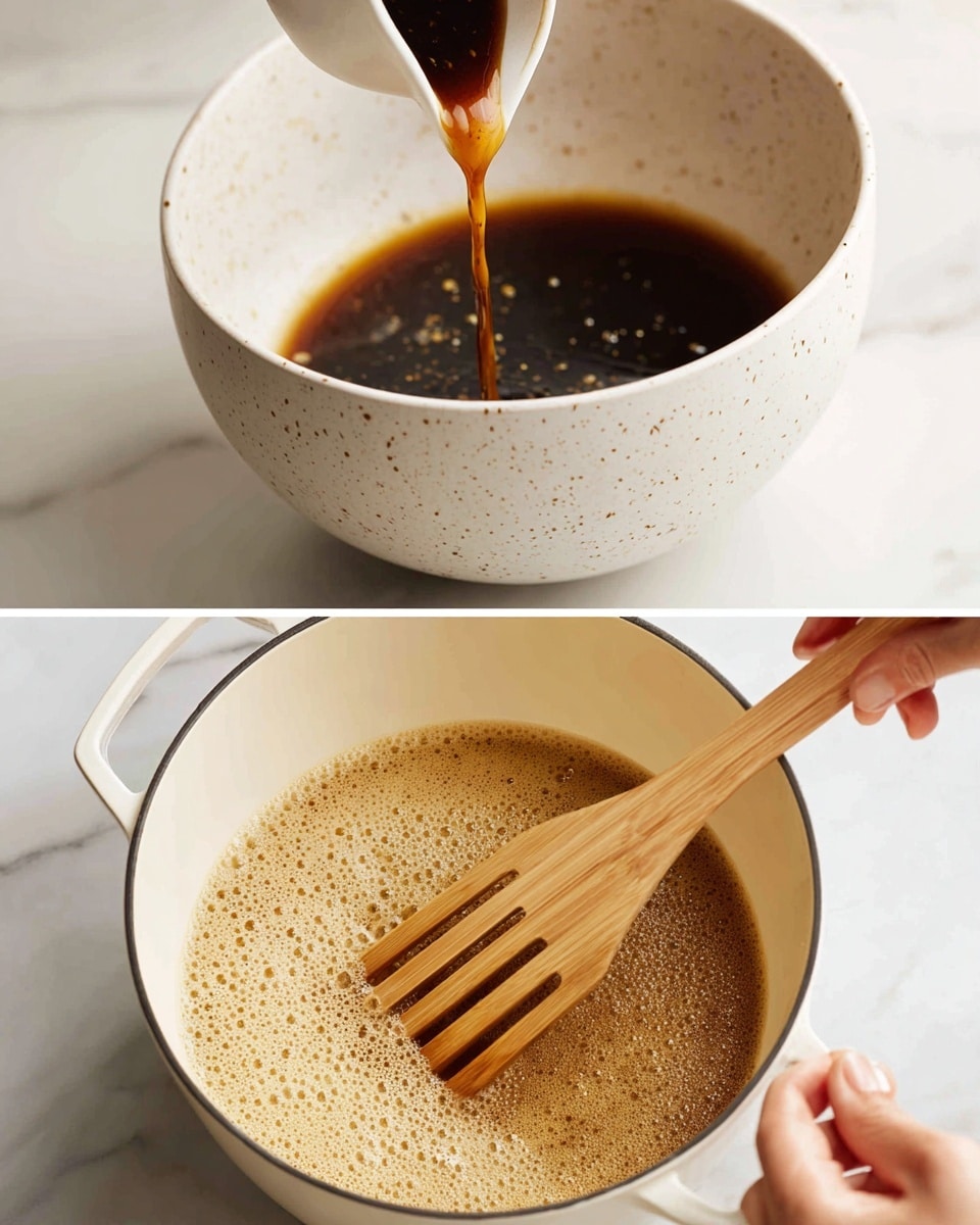 The image shows two close-up cooking scenes stacked vertically. The top scene has a white speckled bowl pouring a dark brown liquid, likely soy sauce, into a thick, golden brown bubbling sauce that fills most of a white pot. A woman's hand is holding the bowl from the right side near the top corner; the bowl and pot are on a white marbled surface. The bottom scene shows the inside of the white pot filled with a pale beige thick sauce being stirred by a wooden spatula with wide flat slots, held gently by a woman's hand from the side. Around the pot, the surface is white marble, and the sauce appears smooth with a few tiny bubbles. The lighting is bright and natural. photo taken with an iphone --ar 4:5 --v 7