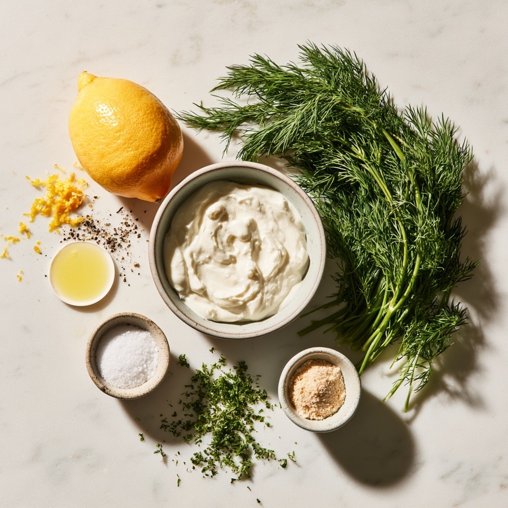 A round bowl placed on a white plate with a gold rim on a white marbled surface. Inside the bowl, there are four distinct layers: a thick layer of white yogurt or sour cream covering about half of the bowl, a bright green layer of finely chopped herbs like dill covering a large section, a small amount of yellow spice or powder near the center, and a small sprinkle of black pepper on top of the yogurt. The bowl and plate have simple, clean designs with no extra decoration. A metal whisk is partially visible in the upper left corner, and a white cloth is on the right side. Photo taken with an iphone --ar 4:5 --v 7