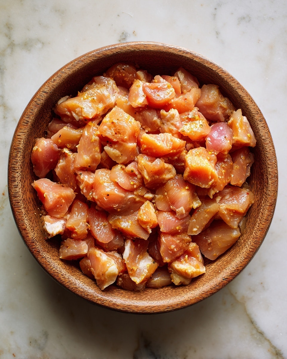 A round wooden bowl filled with small pieces of raw chicken, each piece showing a mix of light pink and orange colors with a slightly shiny texture from seasoning; the chicken pieces cover the whole bottom of the bowl in a single layer. The bowl sits on a white marbled surface. photo taken with an iphone --ar 4:5 --v 7
