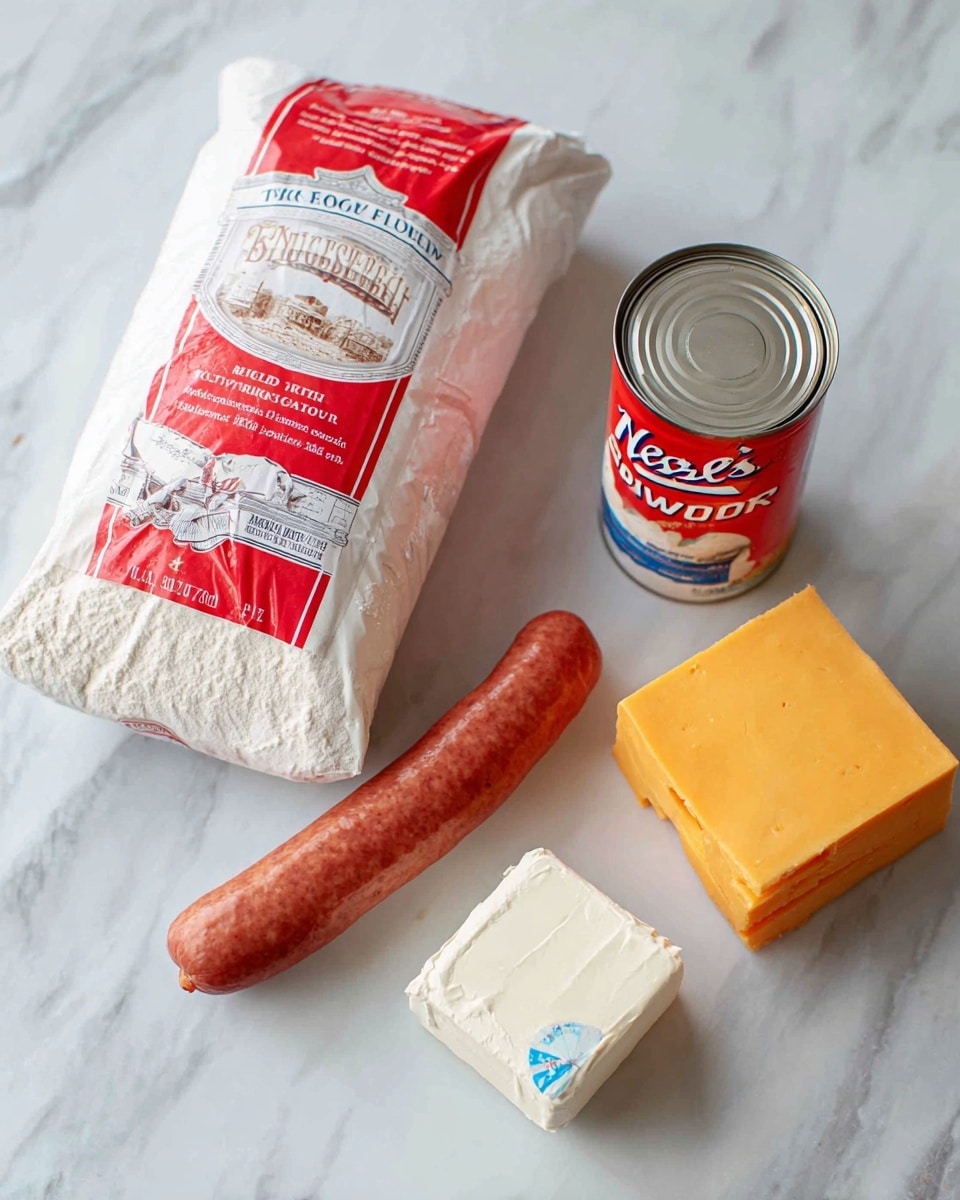 The image shows a white marbled surface with four main items arranged on it: a large red and white bag of King Arthur unbleached all-purpose flour standing upright on the left, a white and red wrapped package of Neese's Southern Style hot country sausage lying flat in front, a small white cube of butter with a light blue label positioned near the bottom right, and a red can of Rumford baking powder placed slightly behind the sausage. Next to the baking powder can, there is a yellowish-orange block of Kirkland shredded sharp cheddar cheese angled diagonally. Photo taken with an iphone --ar 4:5 --v 7
