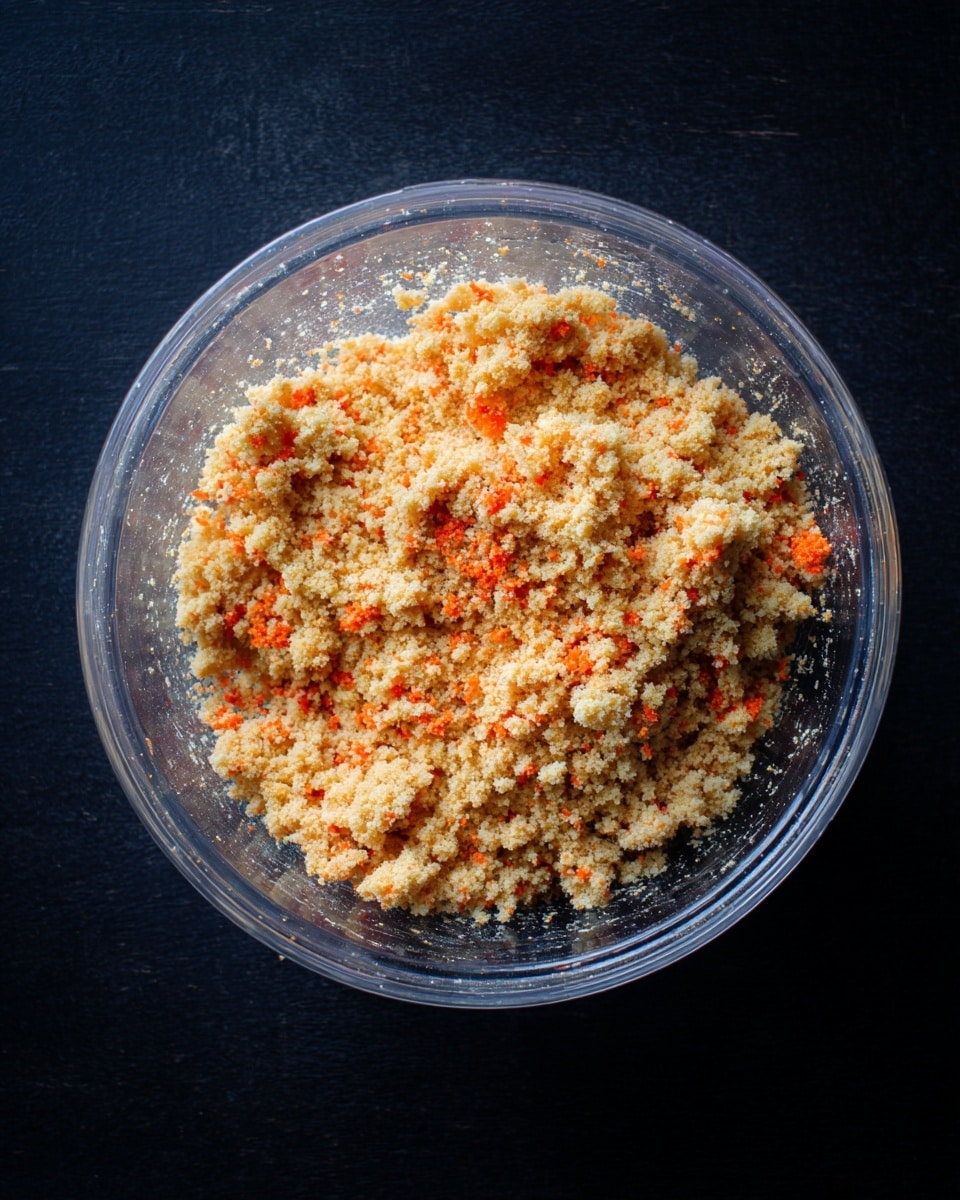 The image shows a clear plastic mixing bowl filled with a crumbly mixture that is primarily light brown with scattered bright orange bits throughout, giving it a layered grainy texture. The mixture is packed inside the bowl with uneven clumps on the surface, highlighting its coarse and chunky feel. The bowl sits on a dark surface against a dark background, providing contrast to the light mixture inside. photo taken with an iphone --ar 4:5 --v 7
