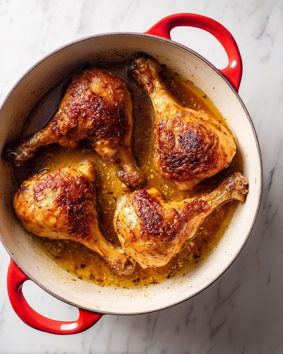Three cooked chicken leg pieces with golden brown, crispy skin sit inside a white pot with a small amount of cooking liquid at the bottom. The chicken legs have a mix of light and dark golden colors, showing a clear textured roasted surface. The pot is round with red handles peeking out, placed on a white marbled surface. photo taken with an iphone --ar 4:5 --v 7