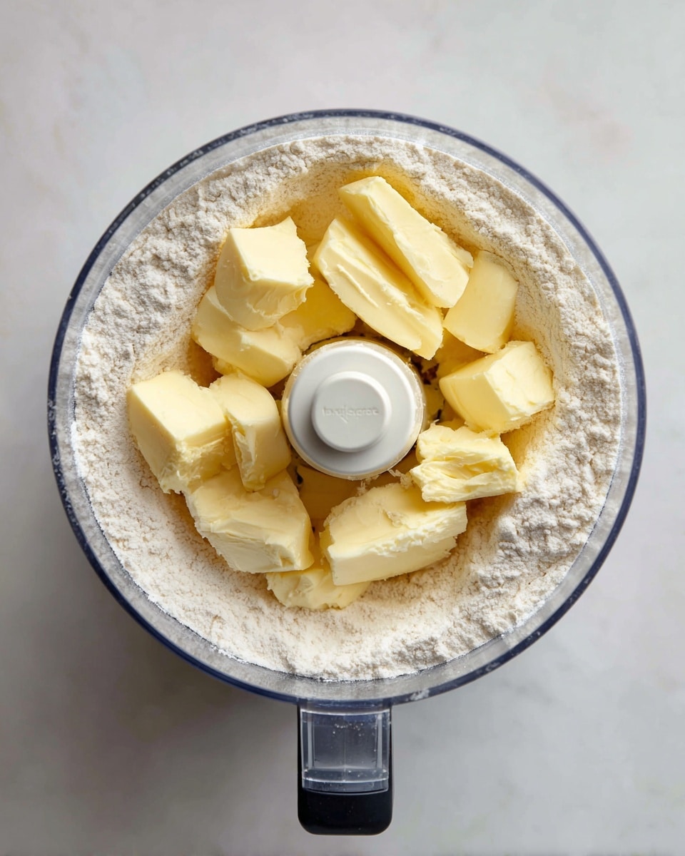 A clear food processor bowl filled with a single layer of pale flour at the bottom and several uneven chunks of light yellow butter spread on top, all set on a white marbled background. The food processor has a white central blade attachment in the middle and a black handle attached to the bowl. The top view allows a close look at the flour's fine texture and the soft, slightly shiny butter pieces. photo taken with an iphone --ar 4:5 --v 7