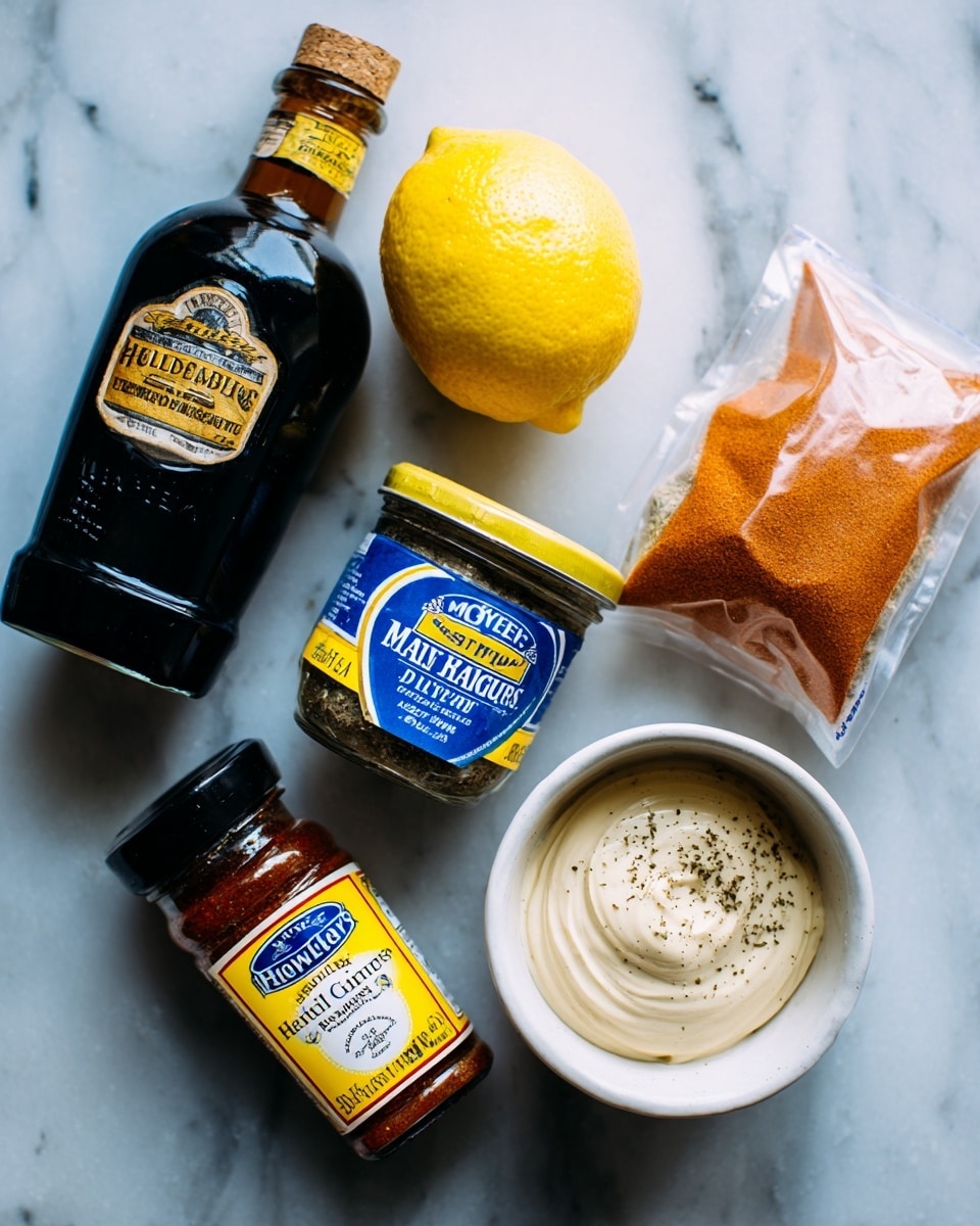 The image shows several cooking ingredients placed on a white marbled surface. There is a dark glass bottle of apple cider vinegar with a cork stopper, a bright yellow lemon, a jar of cayenne pepper with a black lid, a jar of Hellmann’s Real Mayonnaise with a blue and yellow label, a bottle of Worcestershire sauce with a black cap, an opened orange bag of light brown sugar showing part of the sugar inside, and a white bowl filled with a creamy, herb-speckled sauce. The items are arranged casually, with the bag lying flat and the other items standing upright. photo taken with an iphone --ar 4:5 --v 7