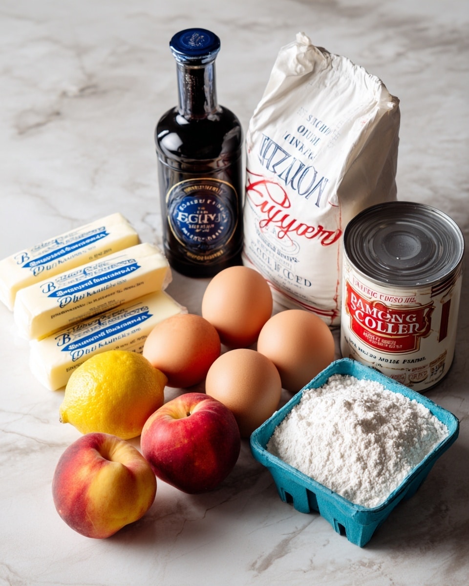 Several baking ingredients are arranged on a white marbled surface. There are four peaches with soft red and yellow skin near the front right, two sticks of butter in white wrappers with blue text to the left of the peaches, and a bright yellow lemon near the center. Next to the lemon is a blue egg tray holding four brown eggs. Behind these are a tall dark brown bottle of pure vanilla extract with a blue label, a large bag of white granulated pure cane sugar, a bag of all-purpose flour in white and red packaging, and a red and white can of baking powder. The colors and textures create a warm and fresh baking setup. Photo taken with an iphone --ar 4:5 --v 7