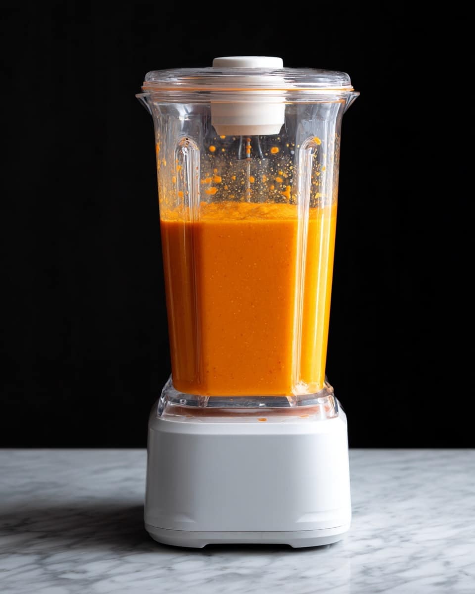The image shows a blender container filled halfway with a smooth orange liquid mixture. The container is transparent with some residue on the sides and a white plastic center part on top of the blade inside. The blender base beneath the container is white and sits on a white marbled surface. The background around the blender is dark, making the orange mixture stand out clearly. photo taken with an iphone --ar 4:5 --v 7