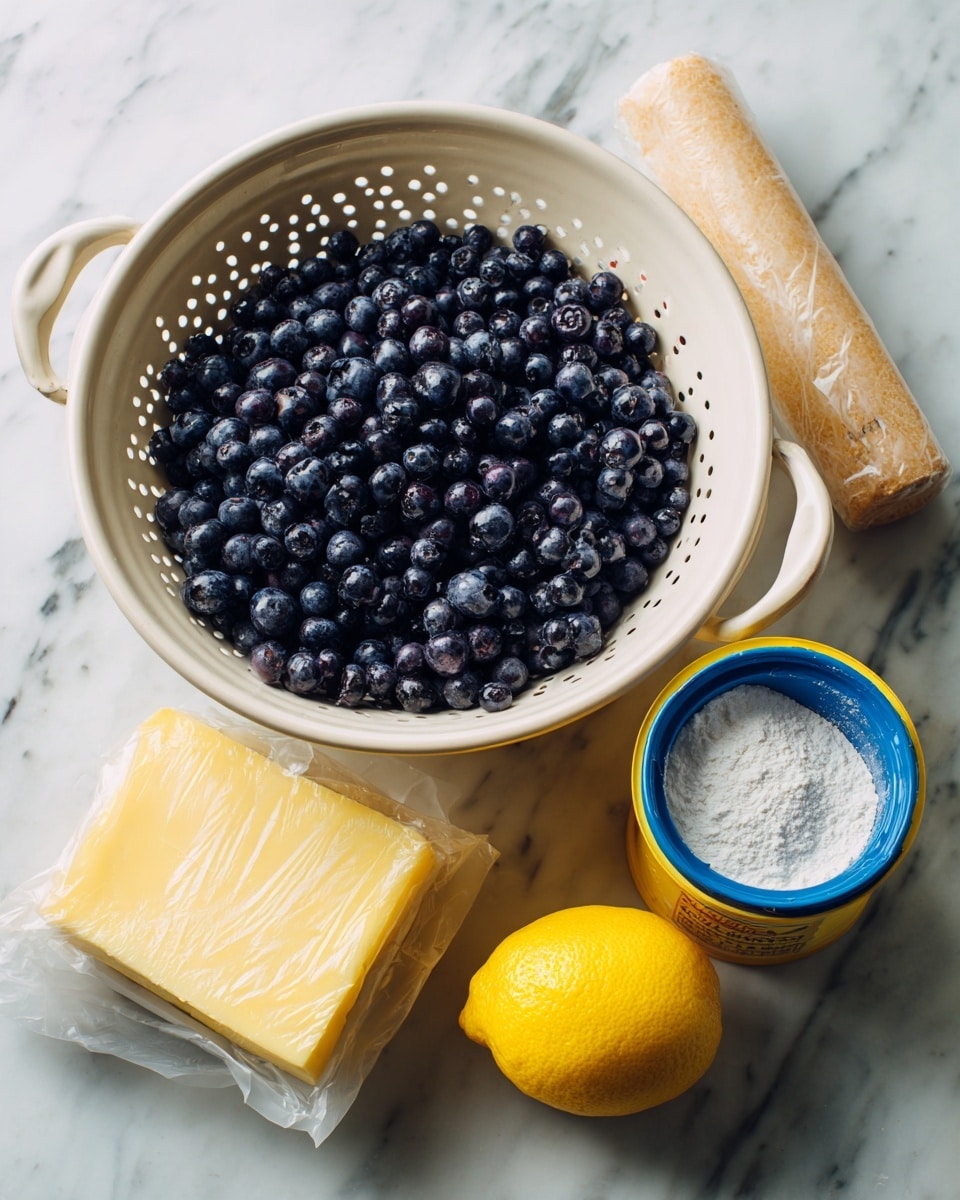 A white colander filled with a large amount of dark blue blueberries sits on a white marbled surface. Next to it is a yellow and white bag of granulated sugar, a stick of butter wrapped in beige paper, a bright yellow container of corn starch with a blue lid, and a whole yellow lemon. The items are arranged casually, showing a simple collection of ingredients. photo taken with an iphone --ar 4:5 --v 7