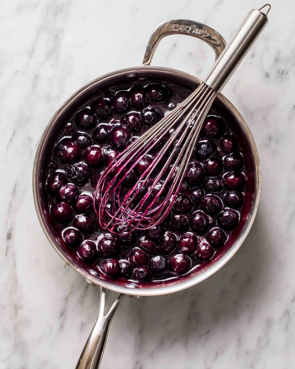 A silver metal pan filled with a single layer of whole dark purple blueberries sitting in a thick, shiny deep purple sauce. A silver metal whisk rests inside the pan on top of the blueberries, with some purple sauce on the wires. The pan has two handles, one is short and the other is long, both slightly shiny. The pan is placed on a white marbled surface photo taken with an iphone --ar 4:5 --v 7