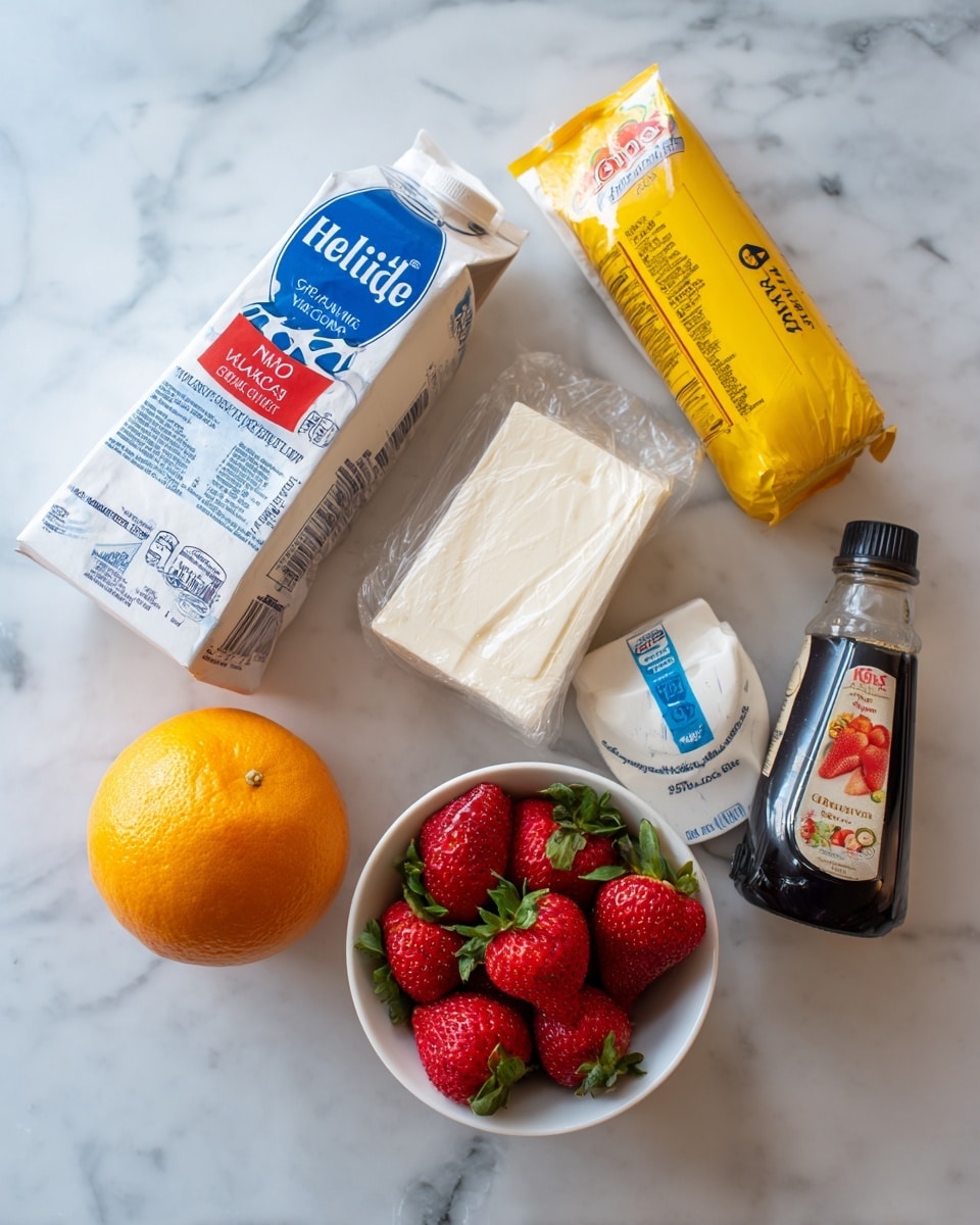 A group of ingredients are laid out on a white marbled surface, including a white carton of heavy cream with blue and red labels, a yellow bag of granulated sugar, a bottle of pure vanilla extract with a dark brown liquid inside and a blue label near the bottom, a block of cream cheese wrapped in white and blue foil, a bumpy orange citrus fruit with a sticker, a white box of Knox gelatin with red and yellow accents, and a white bowl filled with fresh red strawberries with green leaves. photo taken with an iphone --ar 4:5 --v 7