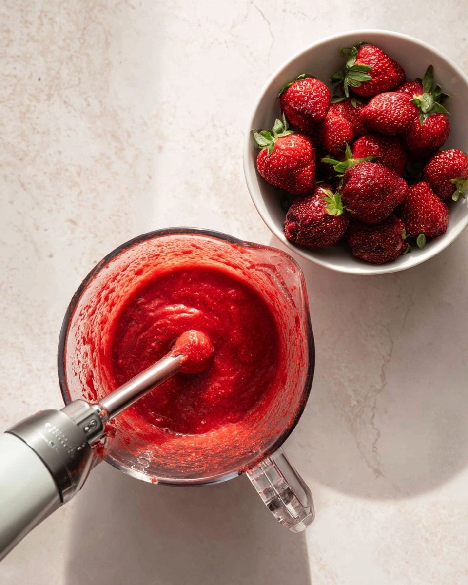 A clear glass measuring cup filled halfway with a thick, bright red mixture being blended by an immersion blender, which has a white body and a metal blending head smeared with the red mixture. To the right side, there is a white bowl filled with fresh, dark red strawberries with green leaves. The surface under the cup and bowl has a white marbled texture. The scene is lit with soft natural light, showing some light reflections on the glass cup and the metal of the blender. photo taken with an iphone --ar 4:5 --v 7