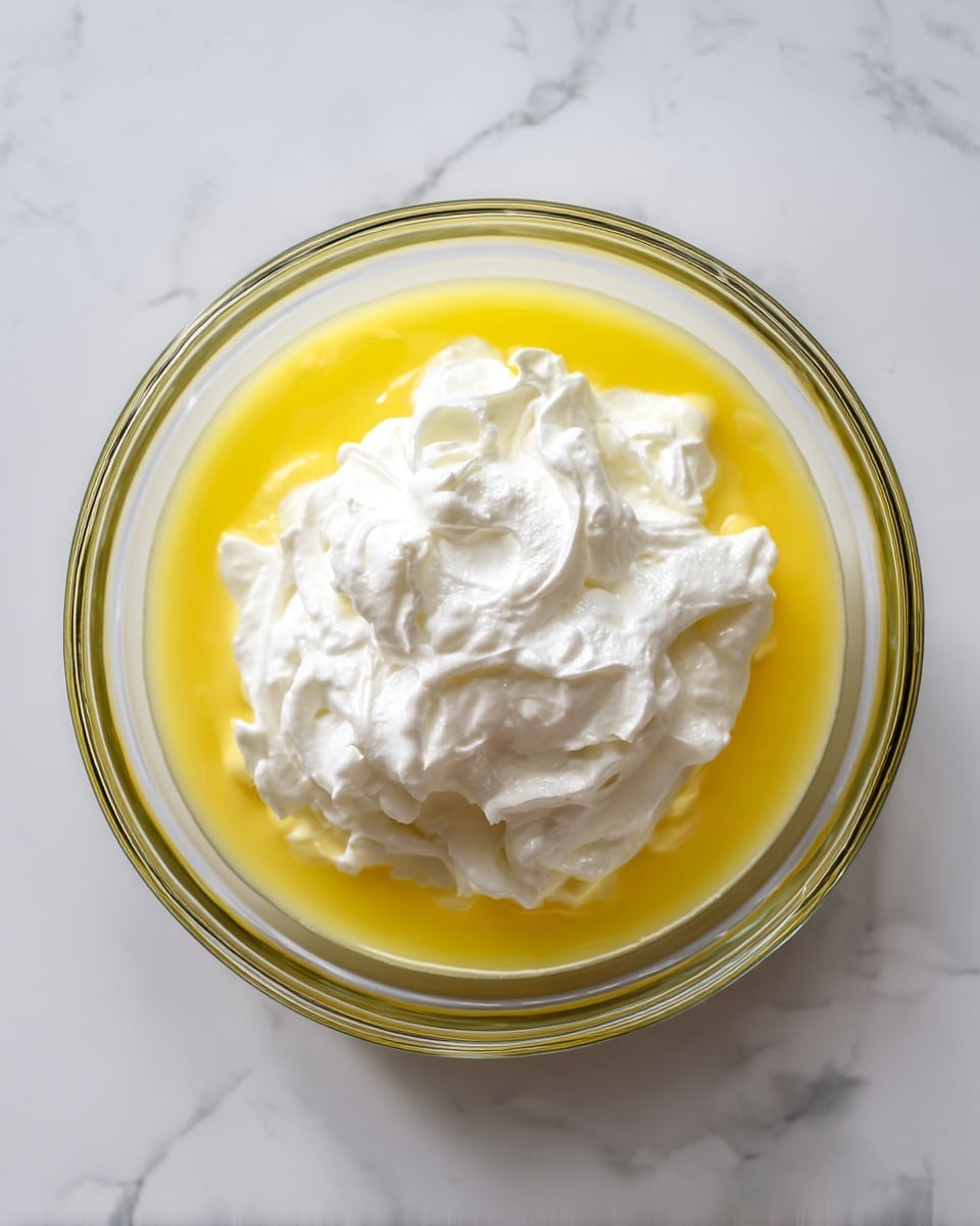 A clear glass bowl sits on a white marbled surface, inside it are two layers: the bottom layer is a smooth, bright yellow liquid, and on top is a thick dollop of white whipped cream with soft peaks, creating a contrast between the shiny yellow and fluffy white textures, the bowl is centered and viewed from above photo taken with an iphone --ar 4:5 --v 7