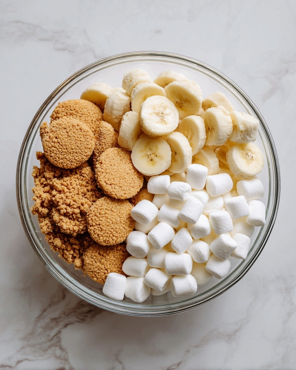 A close-up view of a creamy dessert in a white bowl with a textured pattern, showing three layers: the bottom layer is smooth and pale yellow cream, the middle layer has banana slices mixed with crunchy light brown cookie pieces, and the top layer is fluffy white cream topped with two banana slices and more crumbled cookie bits scattered on top, all placed on a white marbled surface with a blurred blue cloth and spoon in the background photo taken with an iphone --ar 4:5 --v 7