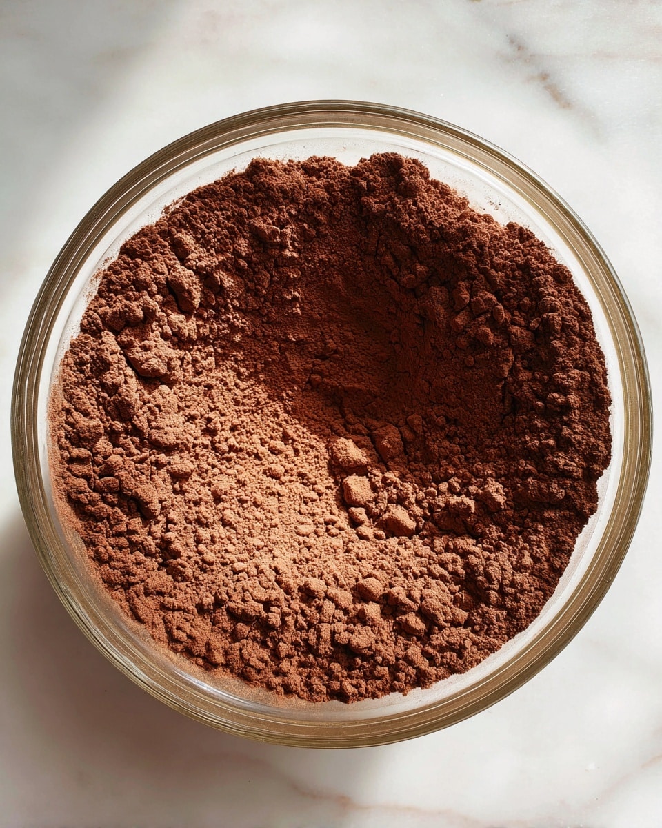 A clear round glass bowl is filled with a powdery mix of cocoa and flour, showing different shades of brown from light to dark in a single layer, with some parts gently scooped forming a shallow hollow in the center. The bowl sits on a white marbled surface, and the scene is brightly lit from above, casting soft shadows. photo taken with an iphone --ar 4:5 --v 7