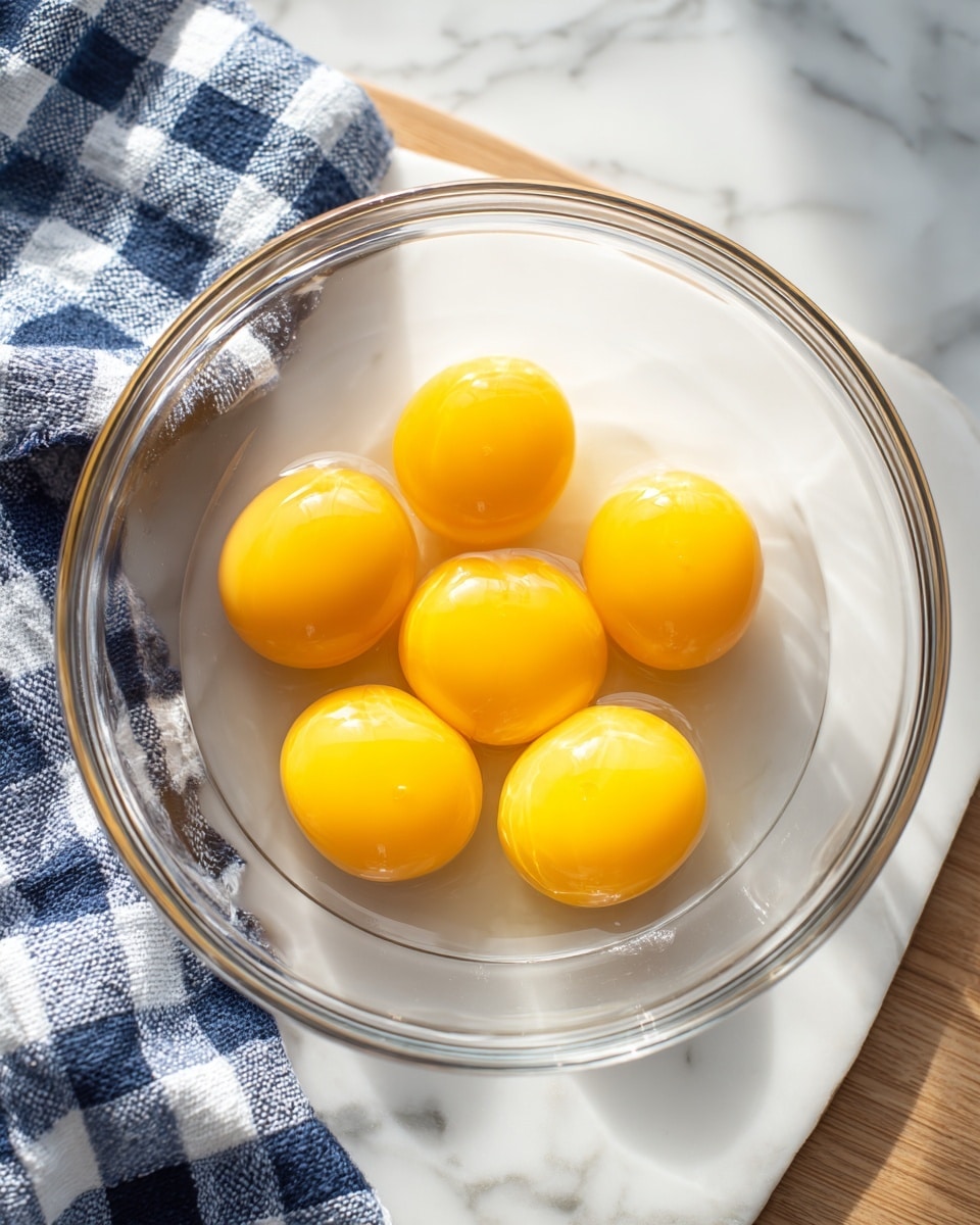 The image shows a clear glass bowl placed on a white marbled surface with a wooden board behind it. Inside the bowl, there are six whole egg yolks sitting in clear egg whites, arranged loosely in a circular pattern. To the left of the bowl, a blue and white checkered cloth is partially visible. The lighting highlights the smooth, shiny texture of the yolks and the transparent quality of the egg whites. photo taken with an iphone --ar 4:5 --v 7
