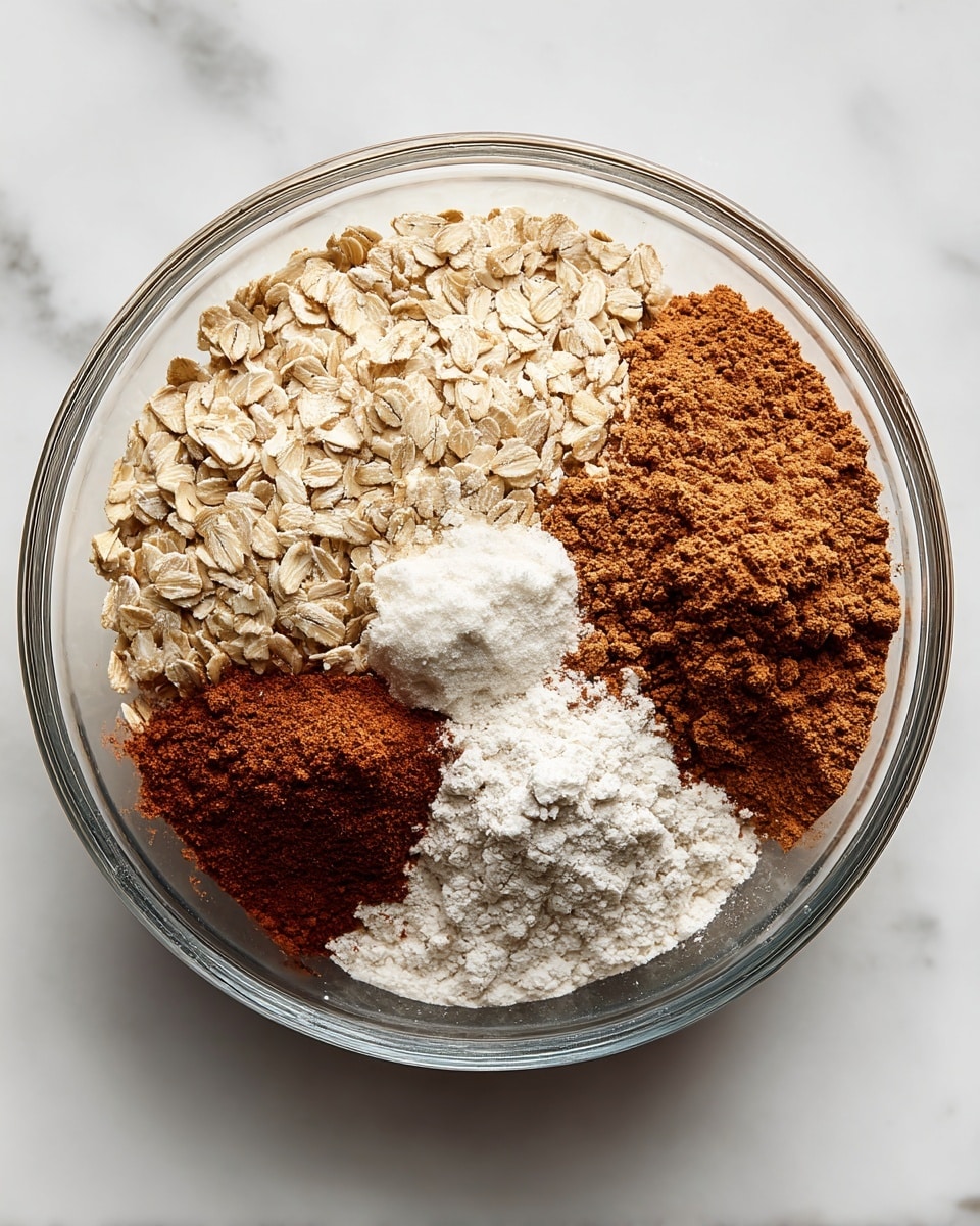 A clear glass bowl sits on a white marbled surface, filled with dry ingredients separated in layers and sections. The largest section is filled with light beige oats that have a rough texture. To the upper right, there is a rusty brown powder that looks smooth and fine. At the top center, a small mound of bright white flour sits next to the brown powder. To the upper left, almost overlapping the flour, is a white powder, slightly more granular than the flour. Near the bottom left, another rusty brown powder, similar to the one on the upper right but smaller, creates a balanced contrast. The ingredients are fresh and unmixed, giving a clear view of each layer and texture photo taken with an iphone --ar 4:5 --v 7