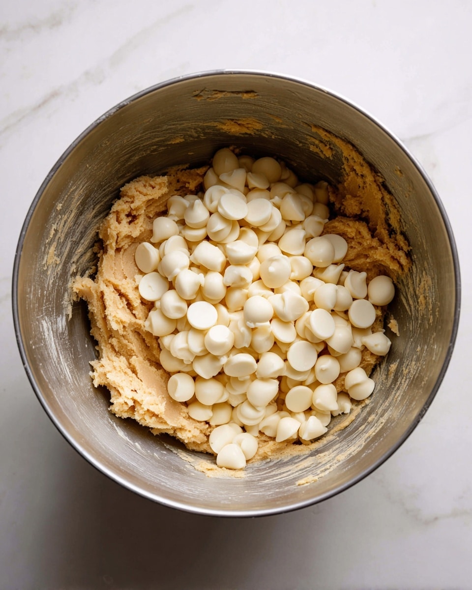 A top-down view of a metal mixing bowl filled halfway with thick, light brown dough that has a rough texture. On top of the dough is a large pile of smooth, round, white chocolate chips. The inside sides of the bowl have smears of the dough stuck to them. The bowl is placed on a white marbled surface. photo taken with an iphone --ar 4:5 --v 7