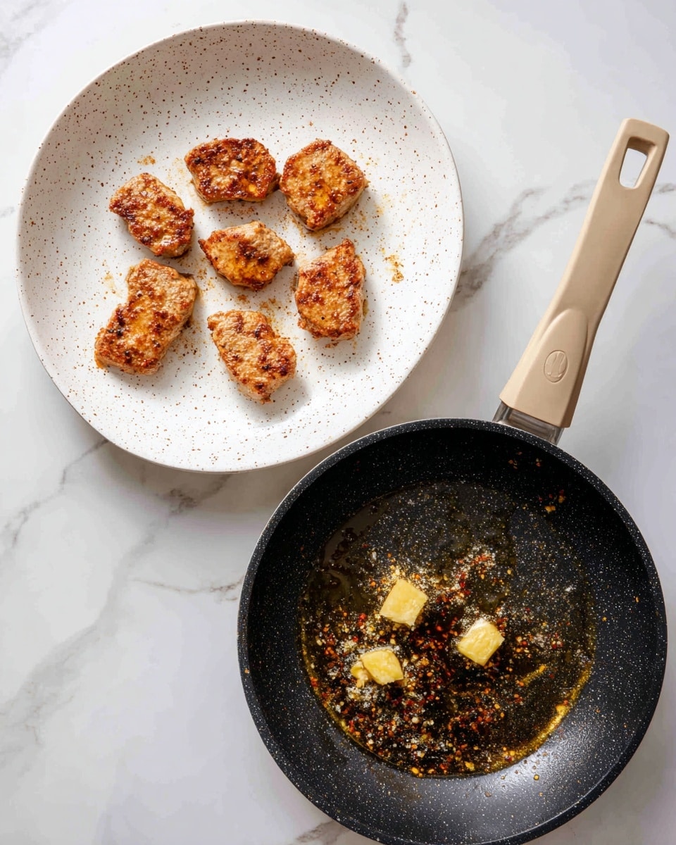 The image shows two side-by-side photos. On the left, there is a white speckled plate holding five cooked pieces of meat with a golden brown, slightly crispy texture and uneven shapes spread out across the plate. On the right, a black frying pan with a beige handle sits on a white marbled surface, containing three small squares of melting butter surrounded by browned bits and oil, creating a shiny surface with a mix of light and dark golden spots. Photo taken with an iphone --ar 4:5 --v 7