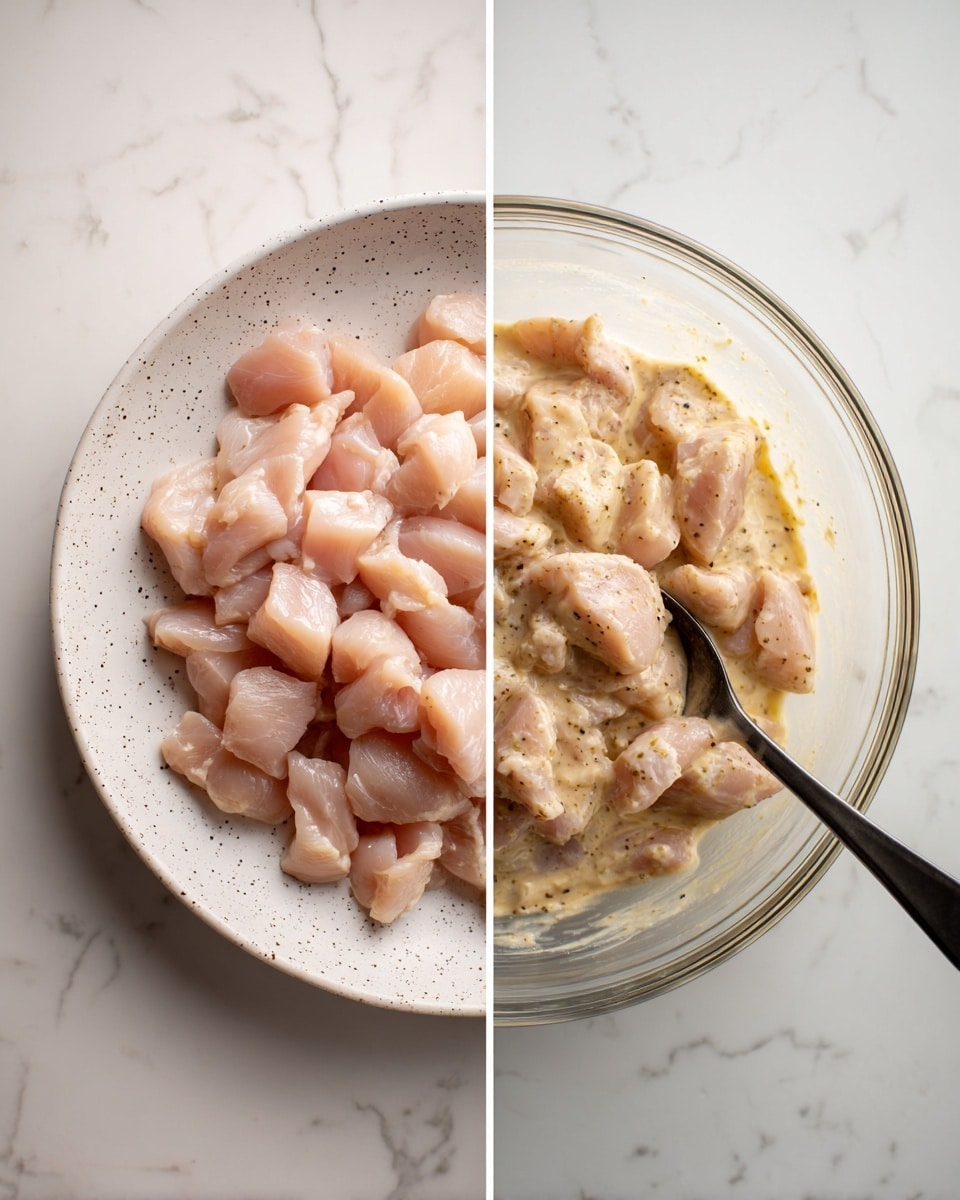 The image is split into two parts side by side. On the left side, there is a white speckled plate filled with many small pieces of light pink raw chicken, each piece smooth and slightly shiny, placed on a white marbled surface. On the right side, a clear glass bowl holds the same pieces of chicken, now mixed in a thick, beige creamy sauce with spices visible as small dots. A black spoon is inside the bowl, stirring the chicken in the sauce. The background is also the white marbled surface. photo taken with an iphone --ar 4:5 --v 7