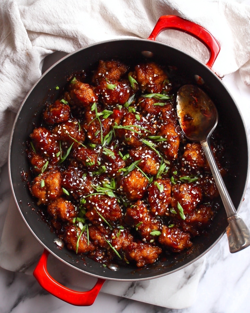 The image shows a black round pot with a red handle filled with many small pieces of chicken coated in a shiny dark brown sauce. The chicken pieces look crispy with a sticky texture. They are sprinkled with white sesame seeds and small chopped green onions. A silver spoon rests inside the pot on top of the chicken. The pot is placed on a white marbled surface with a soft white cloth in the background photo taken with an iphone --ar 4:5 --v 7