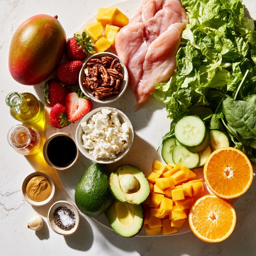 A white bowl with a colorful layered salad on a white marbled surface, with dressing in a small white bowl nearby. The salad has six main sections: grilled brown and tan chicken slices with grill marks on top right, light green cucumber slices on the far right, yellow diced mango in the center, red sliced strawberries at the bottom, green avocado slices to the left, and white crumbles of cheese scattered on all sides. The salad base is made of green lettuce leaves underneath all toppings, and a few small green leaves are placed for garnish. Two white-handled forks rest on the edge of the bowl. photo taken with an iphone --ar 4:5 --v 7