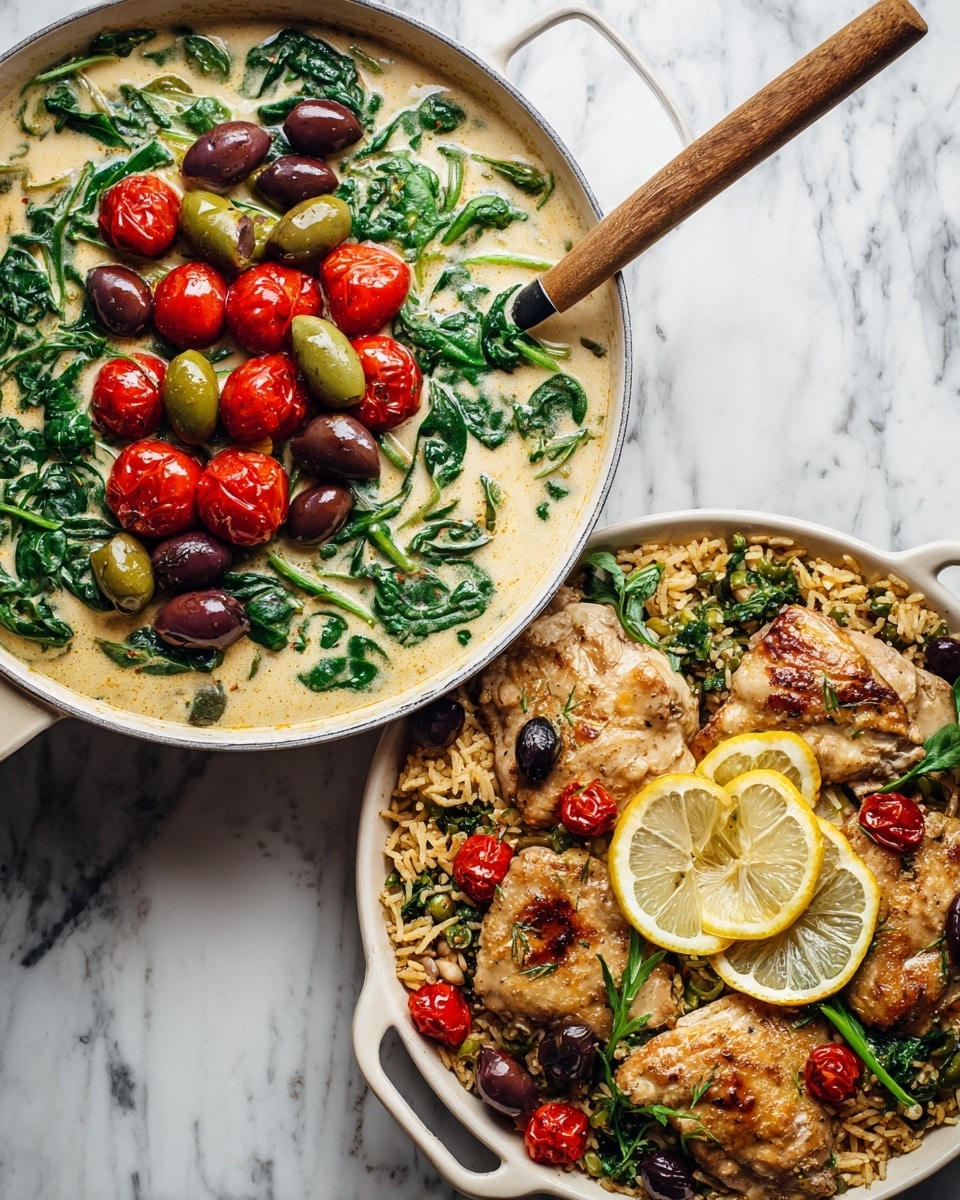 The image shows two white pans on a white marbled surface, each filled with a creamy dish. The left pan has a creamy beige sauce with fresh green spinach leaves and halved red cherry tomatoes piled in the center, with clusters of purple and green olives placed on opposite sides, and a black spoon with a wooden handle resting inside. The right pan displays a mixed dish with browned chicken pieces, cooked rice, red cherry tomatoes, green spinach leaves, black and green olives, and two lemon slices arranged on top, creating a colorful, textured mix. photo taken with an iphone --ar 4:5 --v 7