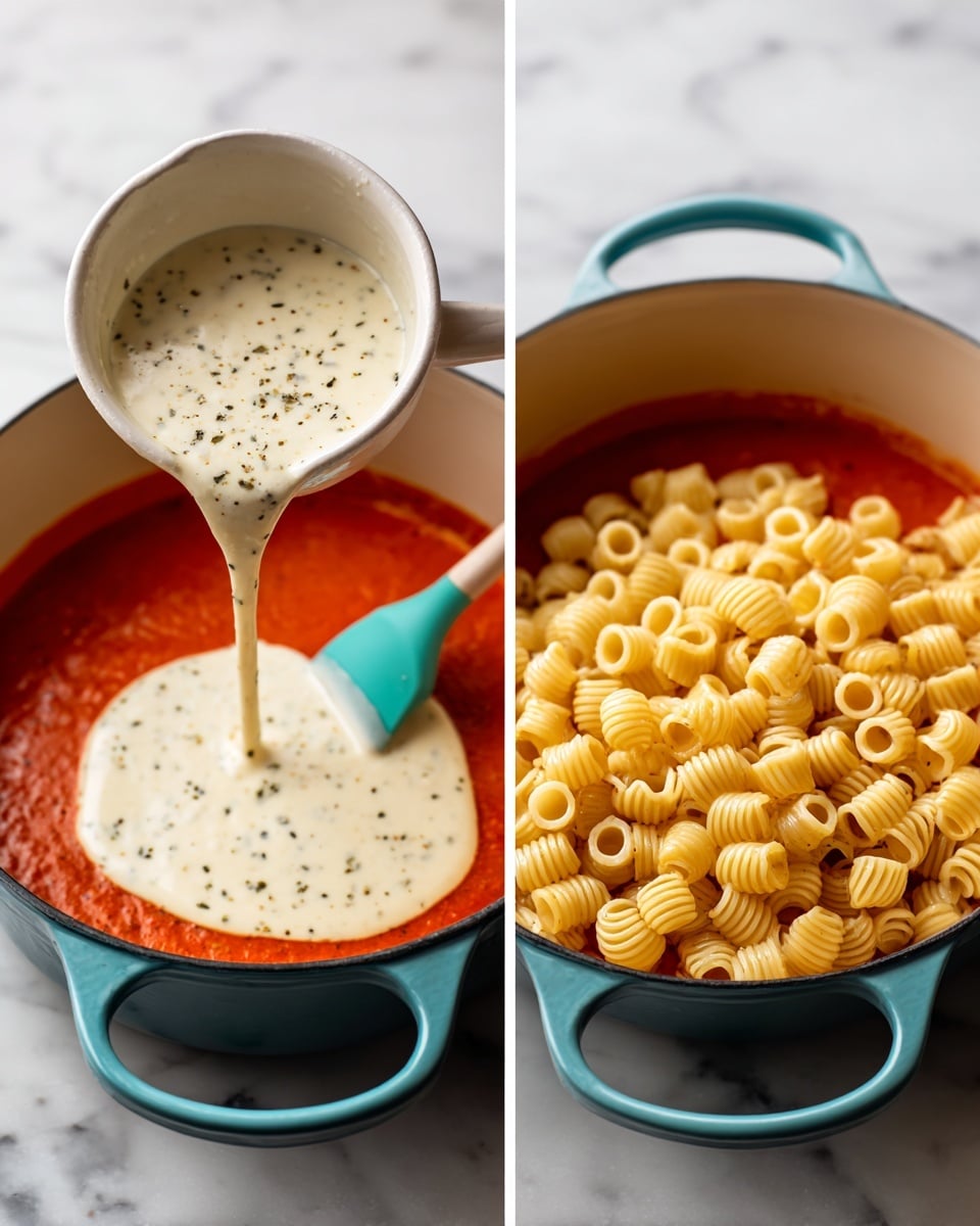 The image shows two side-by-side photos of a black pot with turquoise handles on a white marbled surface. In the left photo, a creamy white liquid with herb specks is being poured into a red-orange sauce in the pot, stirred with a turquoise spatula. In the right photo, a white plate holds dry round pasta that is being poured into the same red-orange sauce inside the pot. photo taken with an iphone --ar 4:5 --v 7