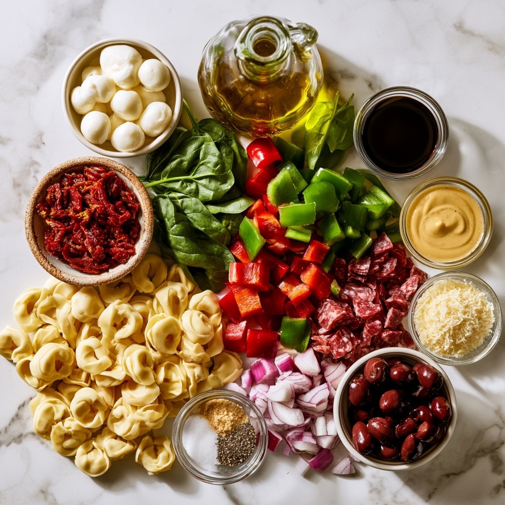 The dish is served on a large white octagonal plate, resting on a white marbled surface. The main layer is yellow tortellini pasta with a smooth, slightly shiny texture, spread evenly across the plate. Mixed throughout are small green spinach leaves, bright red diced bell peppers, and green diced jalapeños adding colorful freshness. Dark purple olives and small white mozzarella balls are scattered among the pasta. There are thin slices of pink ham, small chunks of sun-dried tomatoes with a wrinkled deep red texture, and a light sprinkle of grated white cheese on top. Two silver serving utensils with white handles are placed on the right side on the plate, slightly touching the food. Photo taken with an iphone --ar 4:5 --v 7
