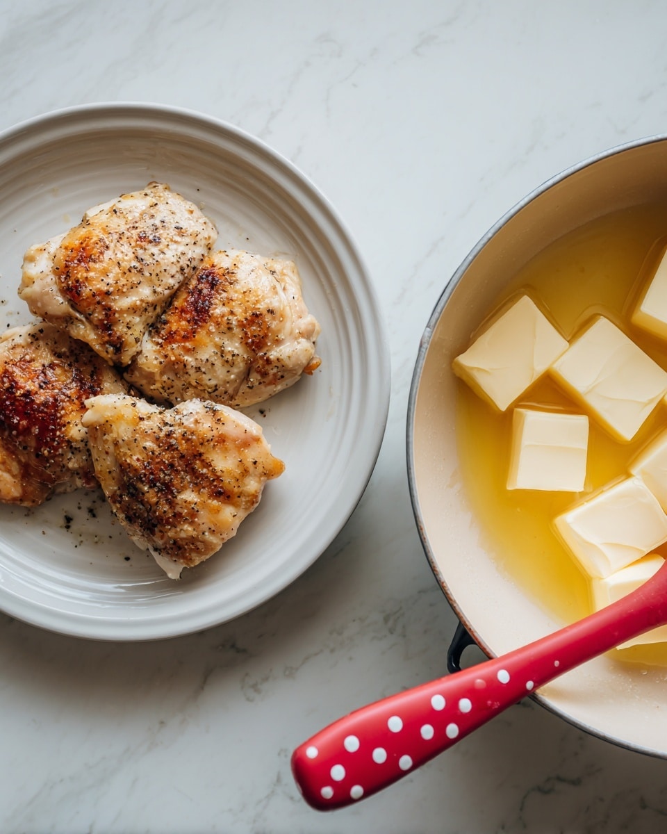 The image shows two parts side by side on a white marbled surface. On the left, there is a white plate with three cooked chicken pieces that are lightly browned with a peppered texture on top. The chicken pieces vary in size and have a slightly shiny, cooked look. On the right, there is a white pot with a cream inside, containing five square pieces of melting butter and a red silicone spatula with white polka dots resting inside. The butter is partially melted, spreading a golden liquid in the pot. The overall look suggests cooking in progress. photo taken with an iphone --ar 4:5 --v 7
