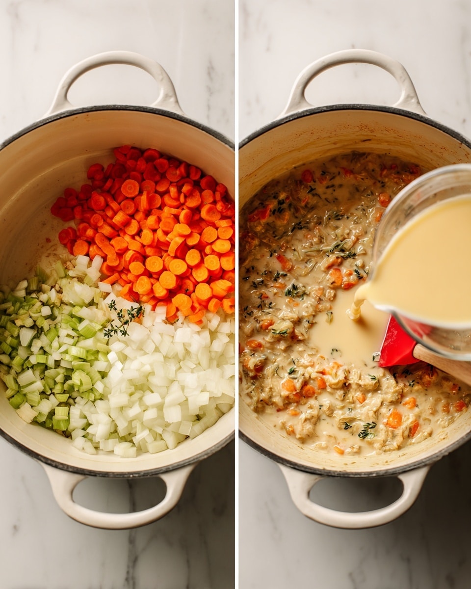 The image on the left shows a white cooking pot with three layers of chopped vegetables: small orange rounds of carrots piled on the bottom left, chopped white onions covering the top half, and light green celery pieces filling the bottom right. The image on the right shows the same pot now with a creamy, thick mixture that has small bits of carrots and celery, with a red spatula stirring it and light yellow liquid being poured in from a clear measuring cup. Both photos are set on a white marbled surface. Photo taken with an iphone --ar 4:5 --v 7