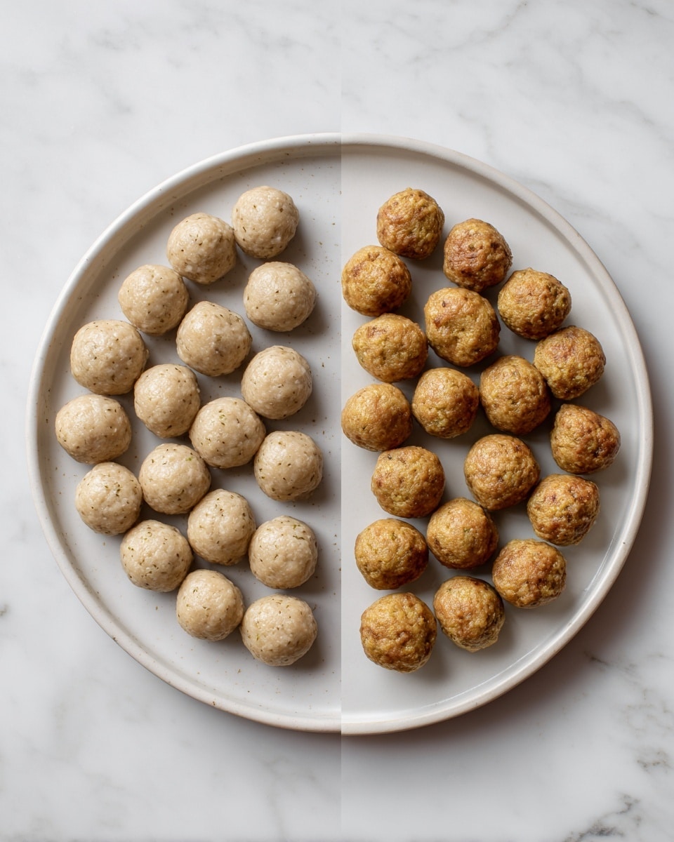 Two round white plates with many small, round, beige-colored meatballs evenly placed in a spiral pattern. The left plate shows the raw meatballs with a smooth, slightly shiny surface and a light beige color with small visible specks. The right plate shows the cooked meatballs, which are golden brown with a slightly rough texture. Both plates are on a white marbled surface. photo taken with an iphone --ar 4:5 --v 7