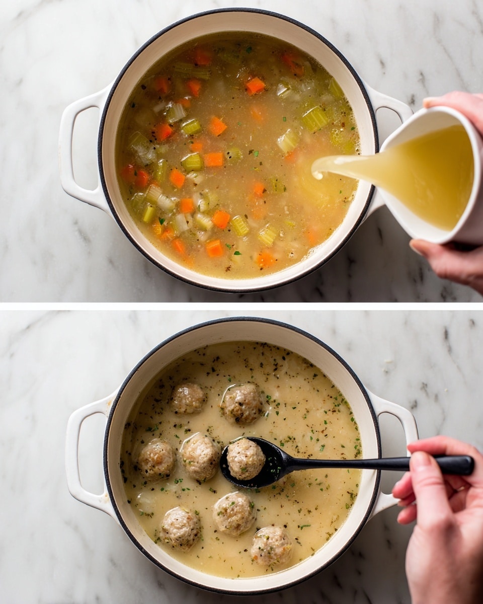 The first image shows a white pot filled with a broth containing small pieces of orange carrot and light green celery floating in a light brown, clear soup. A woman's hand is pouring more light yellow broth into the pot. The second image shows the same white pot with a creamy, pale beige broth with small herb flecks. A black spoon held by a woman's hand is lifting several small, round, pale meatballs from the soup. The pot is placed on a white marbled surface. photo taken with an iphone --ar 4:5 --v 7