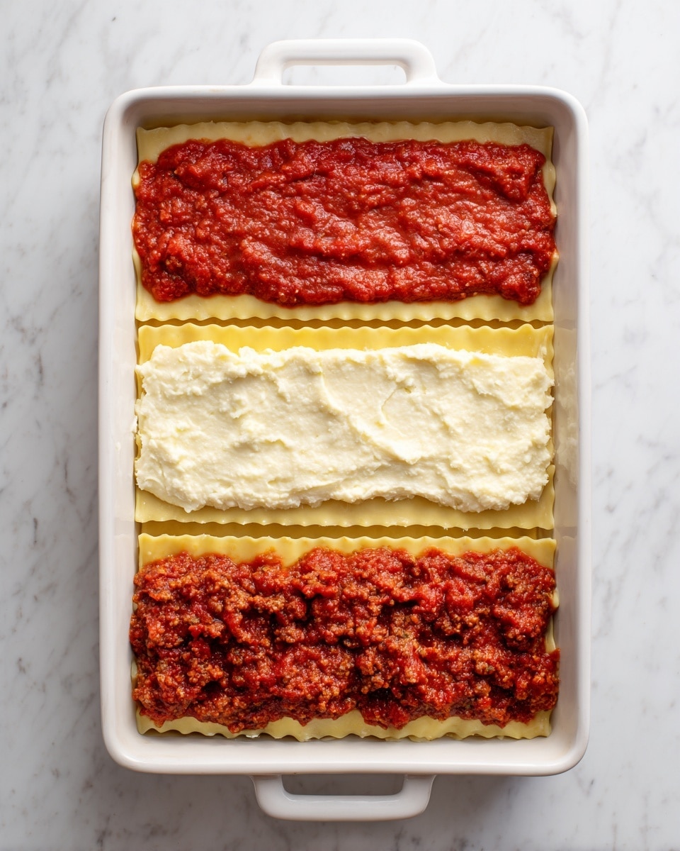 The image shows three steps of making lasagna in a white rectangular baking dish placed on a white marbled surface. The first part has three flat, pale yellow pasta sheets neatly arranged side by side on top of a thick layer of red tomato sauce. The second part features a thick, creamy white cheese layer evenly spread on top of the pasta sheets with a slightly rough texture. The third part shows a rich, chunky red meat sauce layer spread over the cheese, fully covering it and showing a thick, uneven texture. Photo taken with an iphone --ar 4:5 --v 7