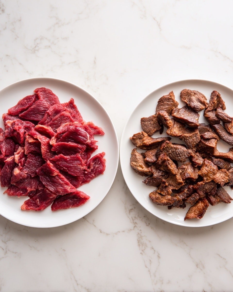 The image shows two white plates on a white marbled surface, each filled with pieces of meat. The left plate holds raw red meat that is thinly sliced, showing a slightly textured surface with some areas lighter due to fat. The right plate contains cooked meat pieces, browned with some darker sear marks, showing a mix of irregular shapes and sizes spread out on the plate. The color changes from deep red raw to rich brown cooked in the two plates. Photo taken with an iphone --ar 4:5 --v 7