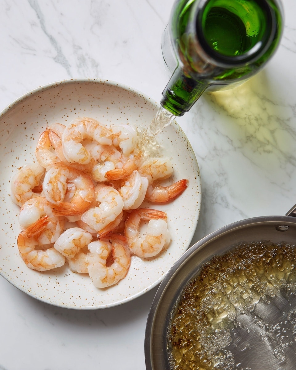 The image shows two parts: on the left, peeled shrimp are carefully placed over a white plate with small brown spots, each shrimp light pink with orange tails, laid out in a loose circular pattern covering the plate evenly. On the right, a stainless steel pan is shown from the top with brown bits sticking on the surface, while clear liquid is being poured into the pan from a green glass bottle visible at the top left corner. Both parts are set on a white marbled surface. Photo taken with an iphone --ar 4:5 --v 7