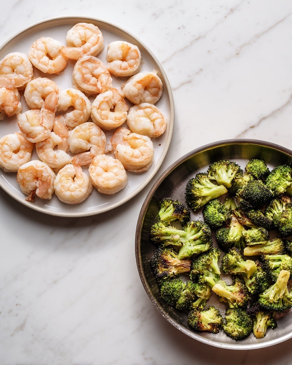 The image shows two side-by-side pictures on a white marbled surface. On the left, there is a round white plate filled with three rows of light pink cooked shrimp neatly arranged, all curled with smooth textures and a slightly shiny surface. On the right, there is a silver pan containing scattered small pieces of green broccoli florets with some parts browned from cooking, showing a mix of bright and dark green colors with a slightly charred texture. Both images have a clean and simple look with the food clearly visible. photo taken with an iphone --ar 4:5 --v 7