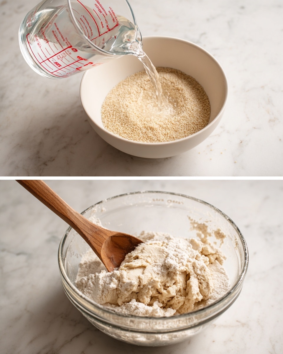 The first image shows a white bowl filled with beige yeast granules, with clear water being poured into it from a transparent measuring cup marked with red numbers, sitting on a white marbled surface. The second image shows a glass bowl with a mix of flour, melted butter, and yeast mixture inside, with a wooden spoon partially covered in flour and dough resting in the bowl, all placed on the same white marbled surface. photo taken with an iphone --ar 4:5 --v 7