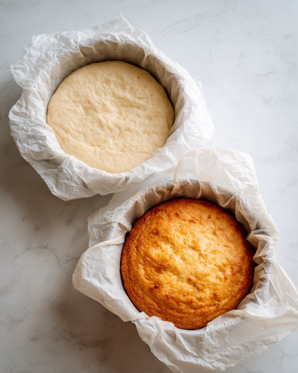 The image shows two round baking pans lined with crinkled white parchment paper, placed on a white marbled surface. The left pan holds a pale, smooth dough flattened evenly to cover the bottom with slightly raised edges. The right pan contains a golden brown, risen baked bread with a slightly uneven, textured top and some small cracks, still inside the parchment paper. The pans contrast with the white marbled background, highlighting the before and after stages of baking. photo taken with an iphone --ar 4:5 --v 7