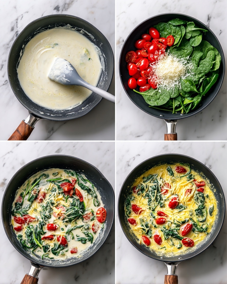 The image shows a sequence of four photos of a black frying pan with a wooden handle on a white marbled surface. In the first photo, the pan contains a creamy white sauce being stirred with a gray spatula. The second photo adds fresh spinach leaves on the left side, bright red halved cherry tomatoes on the right, and a small pile of grated white cheese in the middle, all on top of the white sauce. The third photo shows the pan with the ingredients mixed, the sauce thickened, and the spinach wilted, dotted with softened cherry tomatoes and melted shredded yellow cheese, creating a colorful mix of green, red, white, and yellow. The fourth photo shows the creamy sauce evenly combined with spinach and cherry tomatoes, presenting a smooth, rich texture with vibrant vegetable pieces visible throughout photo taken with an iphone --ar 4:5 --v 7