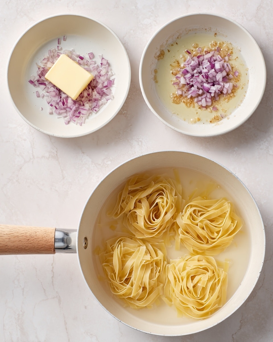 The image shows three parts. The top left part has a white pan with a light wooden handle on a white marbled texture. Inside the pan, there is a small square of butter melting alongside finely chopped purple onions scattered around. The top right part shows the same white pan with small light brown bits cooking in oil, spread unevenly inside it. The bottom part displays a white pot with a light wooden handle, inside it four nests of pale yellow flat pasta sit in clear water, all on a white marbled texture. photo taken with an iphone --ar 4:5 --v 7