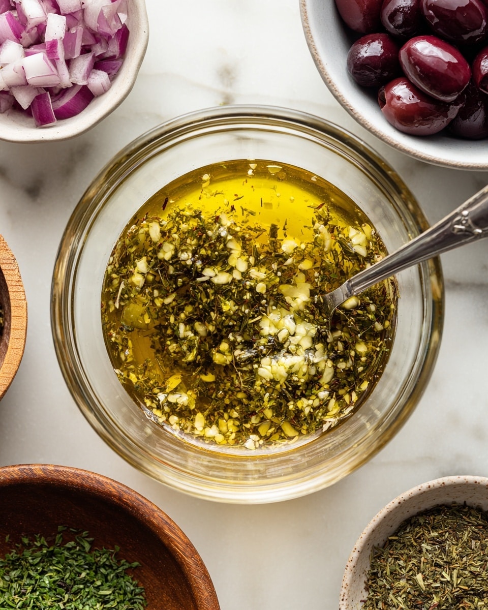 The image shows two clear glass measuring cups on a white marbled surface. The top cup holds a mix of golden olive oil with light yellow minced garlic and green dried herbs floating on the surface. A white bowl with dark purple olives is partially visible at the top right, while a small white bowl with chopped red onions is next to it. Below, a brown wooden bowl filled with chopped green herbs sits beside the cups. In the second cup below, the contents are stirred and mixed, showing a uniform speckled mix of green dried herbs and garlic in golden olive oil, with a silver spoon resting in the cup. The same surrounding bowls remain in place. Photo taken with an iphone --ar 4:5 --v 7