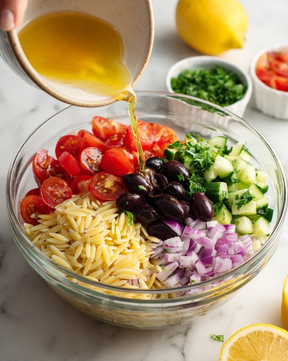 A clear glass bowl sits on a white marbled surface, filled first with a base of pale yellow orzo pasta. On top of the orzo are layers of bright red cherry tomato halves, dark sliced olives, fresh chopped green herbs, crisp green cucumber slices, and finely diced purple onions, all spread evenly but separate in the bowl. Surrounding the bowl are small white bowls containing more ingredients and a bright yellow lemon. A woman's hand is shown pouring a light golden dressing over the layered salad, which creates a colorful mix of textures and colors blending together. Photo taken with an iphone --ar 4:5 --v 7