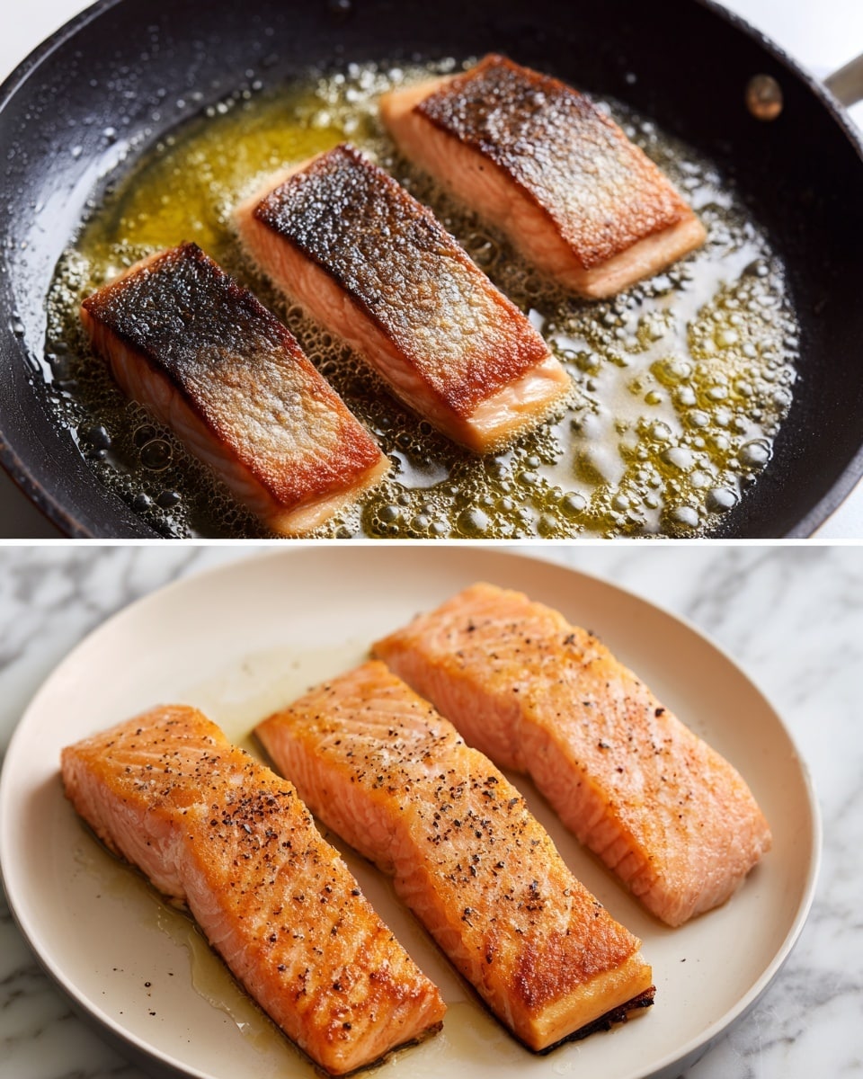 The image shows cooked salmon in two parts: the top part has two close-up shots of four salmon pieces frying in a black pan, with crispy dark salmon skin facing up, bubbling golden oil around, and some pink fish flesh visible on the sides. The bottom part shows four salmon fillets on a white plate, with a golden-brown look, seasoned with black pepper, smooth and slightly shiny texture. The background is a white marbled surface photo taken with an iphone --ar 4:5 --v 7