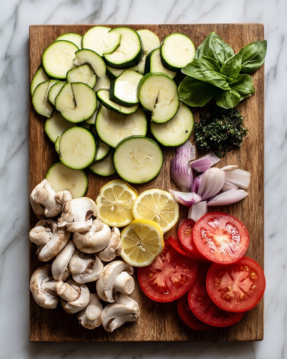 A wooden board placed on a white marbled surface holds six groups of fresh ingredients arranged neatly. On the top left, there are many light green zucchini slices with darker green skin, shaped like half-moons. To the right of the zucchini, a small pile of chopped dark green basil leaves sits next to a small bunch of pale purple shallot pieces. Below these, three bright yellow lemon slices with visible texture are placed in a small group. In the bottom left, a cluster of white button mushrooms, some whole and some sliced, is seen. Finally, on the bottom right, there are six thick, round tomato slices with bright red flesh and seeds visible inside. Photo taken with an iphone --ar 4:5 --v 7